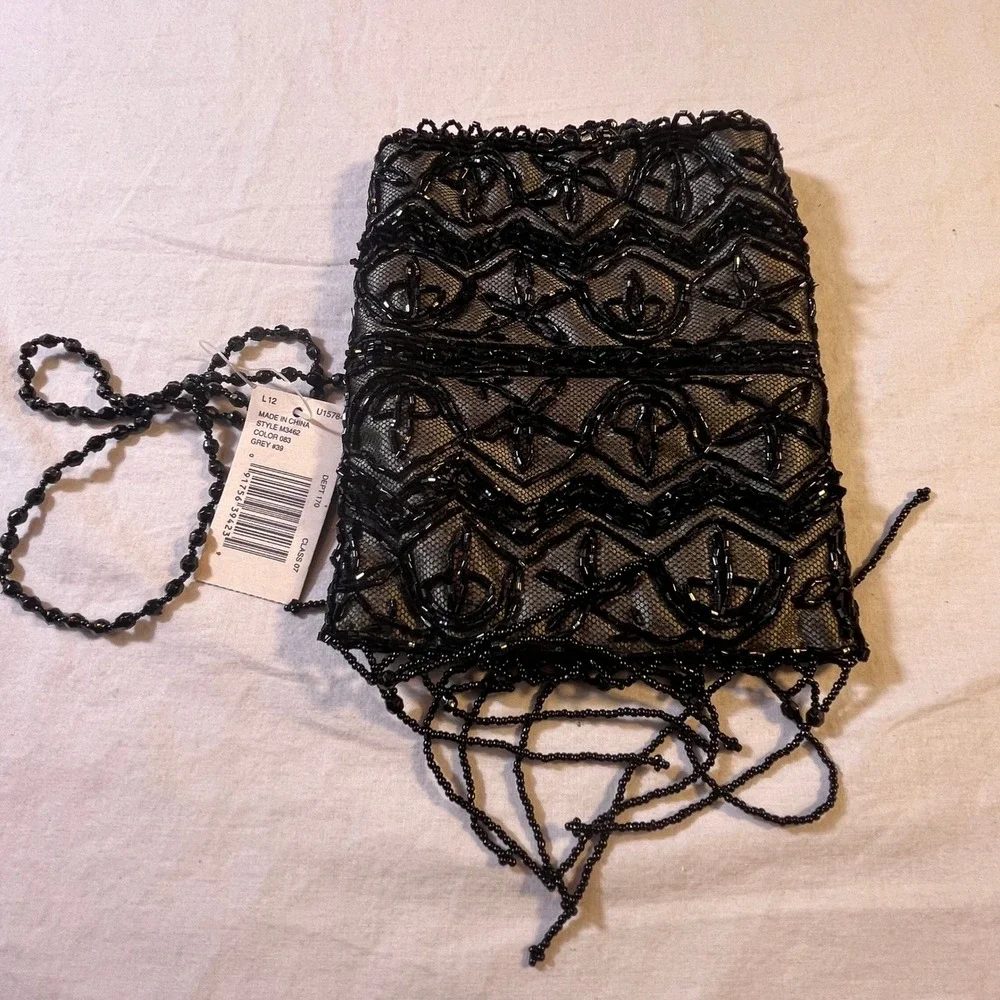 Indeed Black Beaded Lace Evening Clutch‎ Purse Bag Fringe Strap